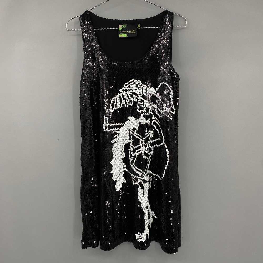 Twelve by Twelve Sequin Graphic Mini Dress Womens Small Black White Sleeveless